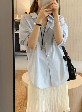 现货！OUNCE纯色衬衫女26春新款韩国宽松慵懒翻领单排扣长袖上衣