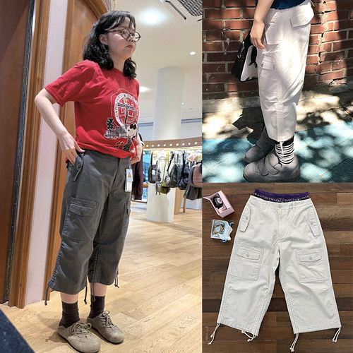 coyseio日系抽绳工装裤韩国设计师夏新款系带直筒七分裤女