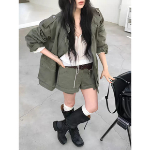 显瘦卷边短裤 韩国抽绳收腰风衣外套 女 风两件套26春新款 甜酷工装