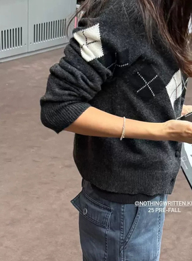 陆续！复古菱格羊毛针织开衫韩国not*ing written圆领单排扣毛衣