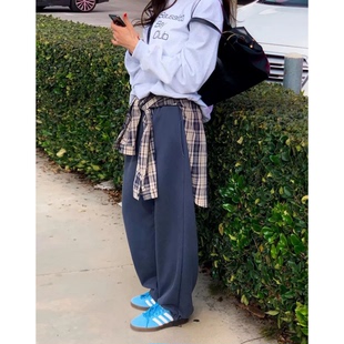 长裤 秒发 25冬韩国纯色简约松紧腰束脚休闲裤 复古加绒卫裤 子 美式