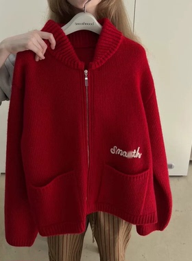 陆续！超显白25冬新款韩国smooth*ood翻领100羊毛针织开衫毛衣女