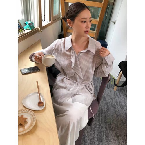 现货！郑丽媛同款条纹衬衫韩国26春夏新款系带天丝防晒长袖上衣女