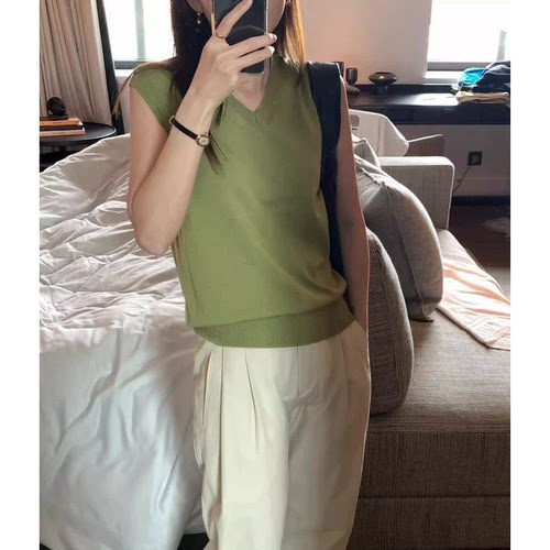 秒发！美娜家无袖背心26春韩国LEROBE含羊毛休闲纯色V领套头上衣