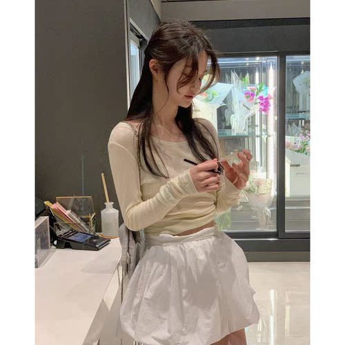 vegetable简约微透百搭白色打底衫韩国修身亲肤圆领套头长袖T恤女
