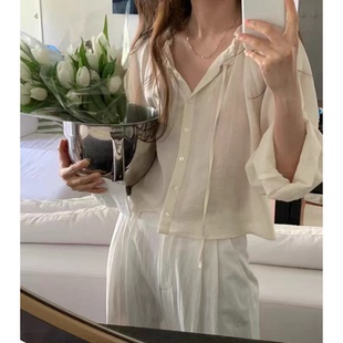 现货！OUNCE木耳边长袖衬衫韩国新款宽松百搭系扣纯色防晒上衣女