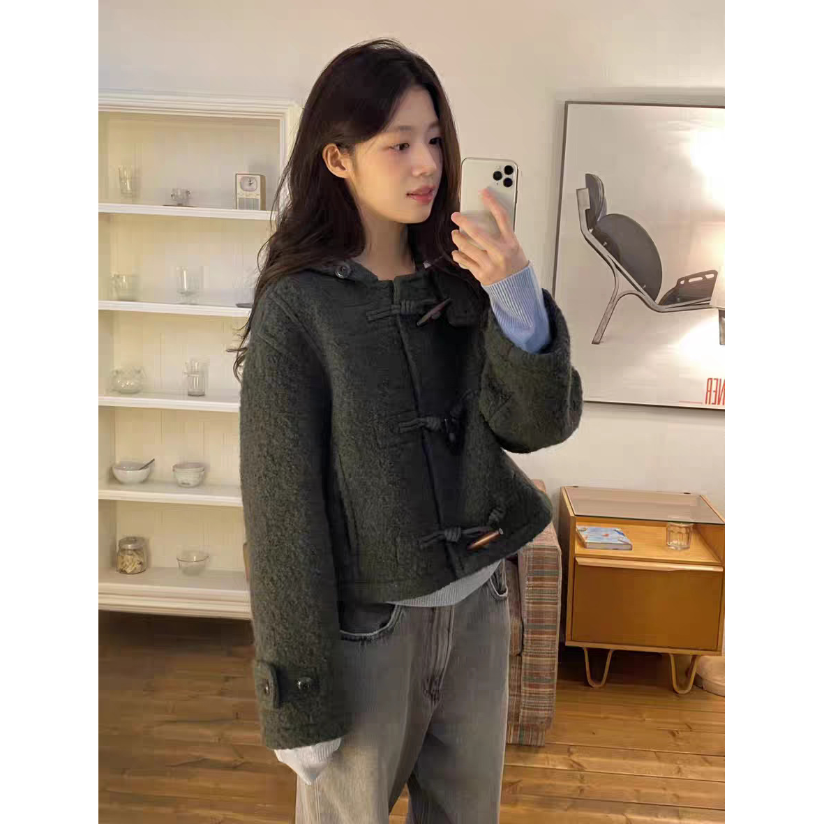 陆续！减龄学院风牛角扣羊毛大衣25春韩国ER*ME连帽短款呢外套女