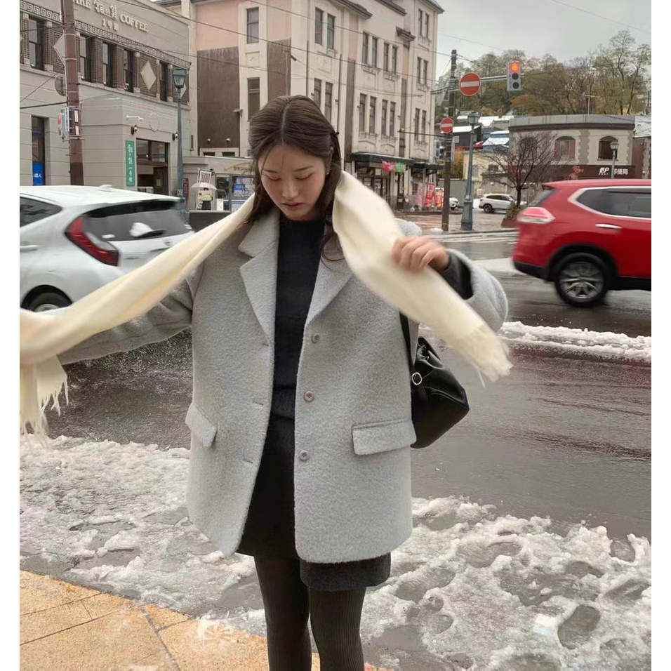 秒发！OUNCE韩国高级感经典简约纯色单排扣蓝色西装羊毛大衣外套