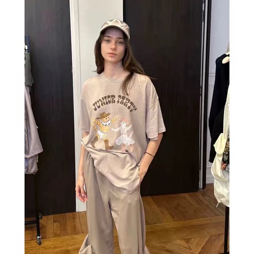 跳舞小猫印花T恤2026春夏新款韩国OP*NYY宽松休息圆领短袖上衣女