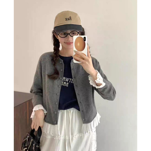 秒发 韩国egg拼接蕾丝花边系扣上衣 鸡蛋家甜美减龄羊毛针织开衫