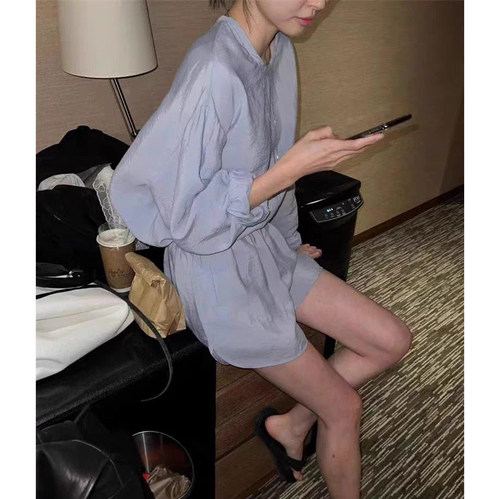 秒发！设计师款韩国2026春纯色简约OL长袖衬衫高腰显瘦短裤套装女