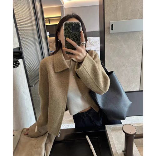 秒发！小短款浅棕色羊毛大衣韩国25冬新高级感翻领正肩拉链外套女