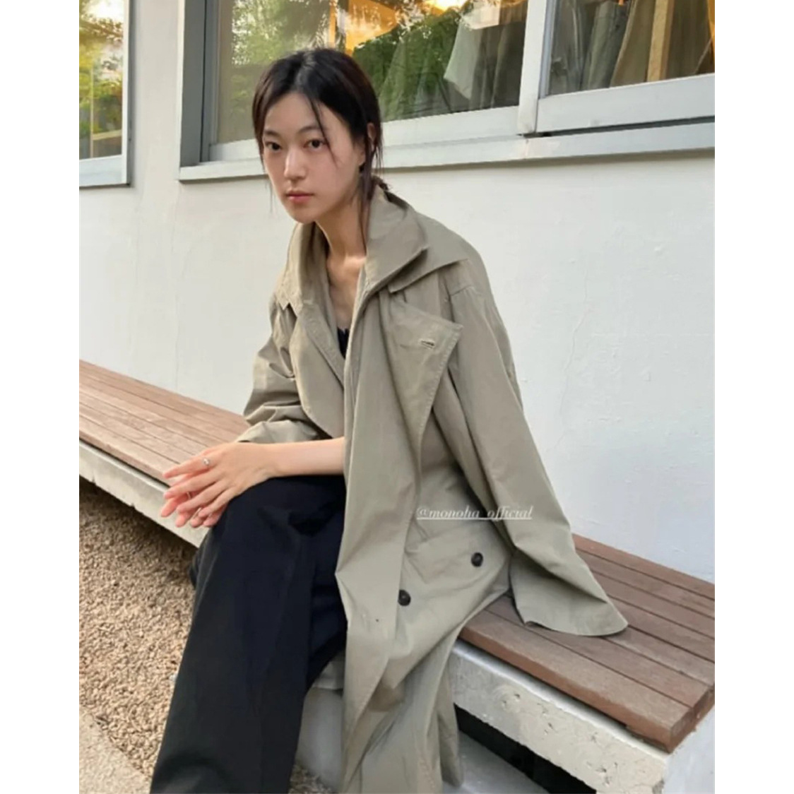 秒发!小众假两件设计感韩国2025秋monoha翻领双排扣长款风衣外套