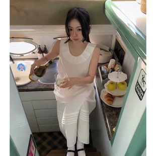 秒发！fever同款后背V领背心裙26夏新款韩国荷叶边白色连衣裙