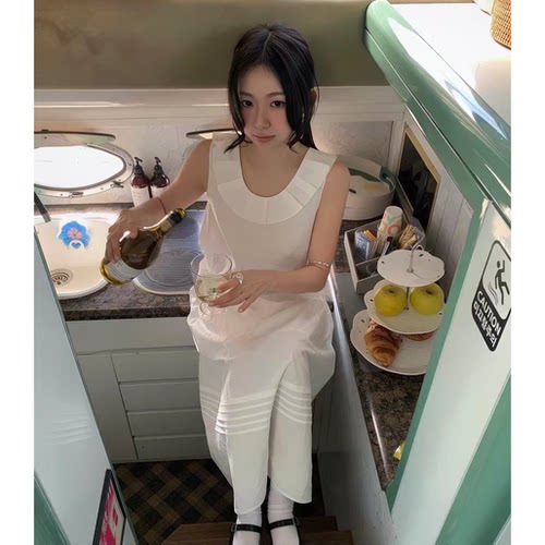 fever同款后背V领背心裙2026夏季新款韩国荷叶边白色连衣裙长裙子