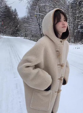 陆续！OUNCE牛角扣皮毛一体外套2026新款韩国防风保暖连帽上衣女