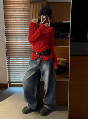 秒发！新年红色针织开衫2026春韩国修身显瘦坑条纹圆领长袖上衣女