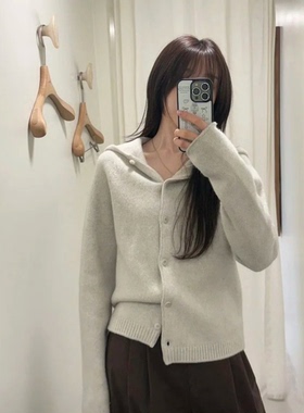 陆续！美利奴羊毛开衫25冬季韩国设计师mo*a简约单排扣连帽毛衣女