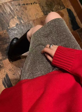 秒发！梦中情裙~韩国25冬OUNCE高级感简约高腰银丝线短款半身裙女