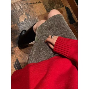 半身裙女 韩国25冬OUNCE高级感简约高腰银丝线短款 秒发 梦中情裙