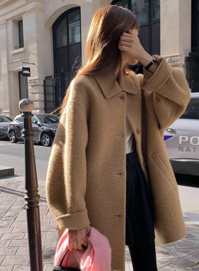 秒发！OUNCE气质纯色苏力羊毛大衣韩国25冬翻领单排扣中长款外套