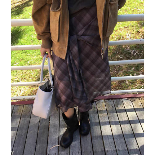 格纹半身裙韩国2026春季新款the breathe复古系带设计感中长裙女