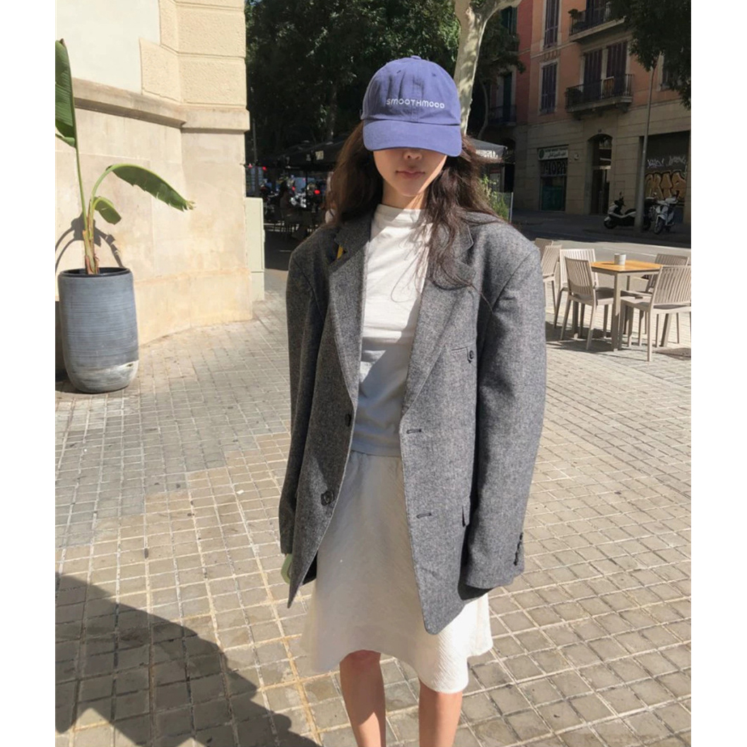 秒发！Baby酱廓形西装夹克2025秋韩国复古简约灰色羊毛西服外套女