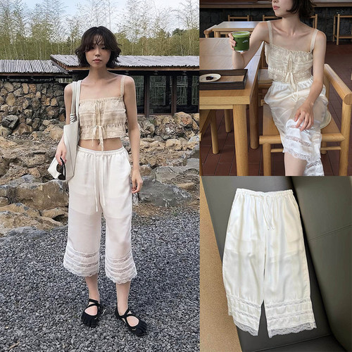 areyou蕾丝拼接缎面七分裤女韩国2026夏季新款宽松休闲白色长裤子