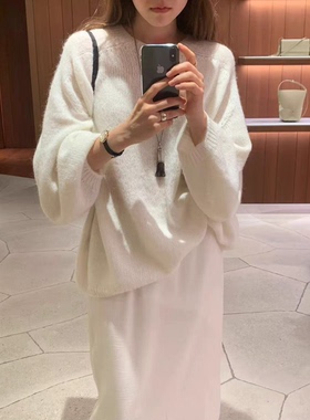 秒发！OUNCE软糯灯笼袖羊毛针织衫25冬韩国纯色落肩袖马海毛毛衣