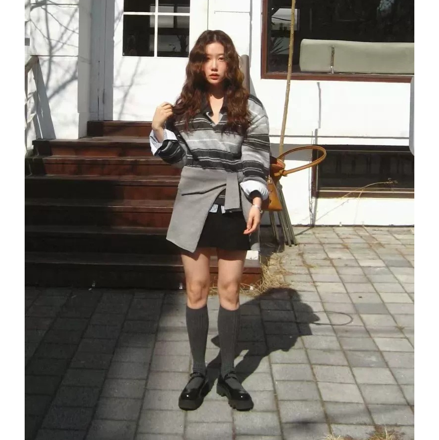 现货！经典款撞色条纹毛衣2025秋韩国气质复古polo领羊毛针织衫女