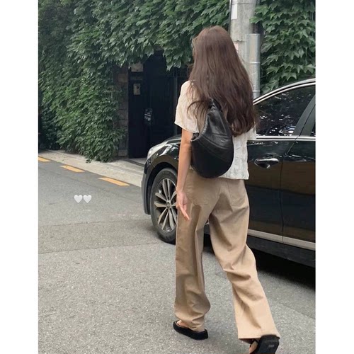 韩国高腰通勤口袋直筒长裤