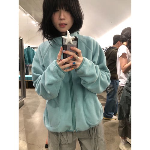 暖暖糯糯~薄荷绿摇粒绒复古外套