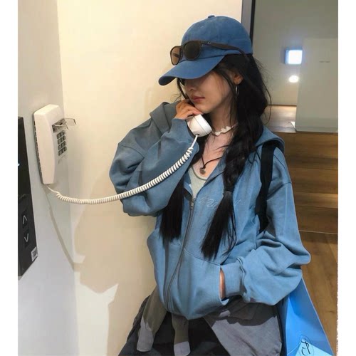 章若楠同款smooth*ood韩国设计师秋宽松休闲海蓝色连帽卫衣外套女