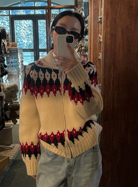 秒发！baby酱复古拼色印花毛衣韩国2026早春dear*st羊毛针织开衫