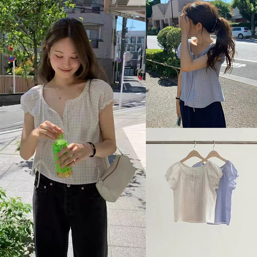 OUNCE圆领半系扣格子衬衫韩国东大门夏季新款清新甜美短袖上衣女