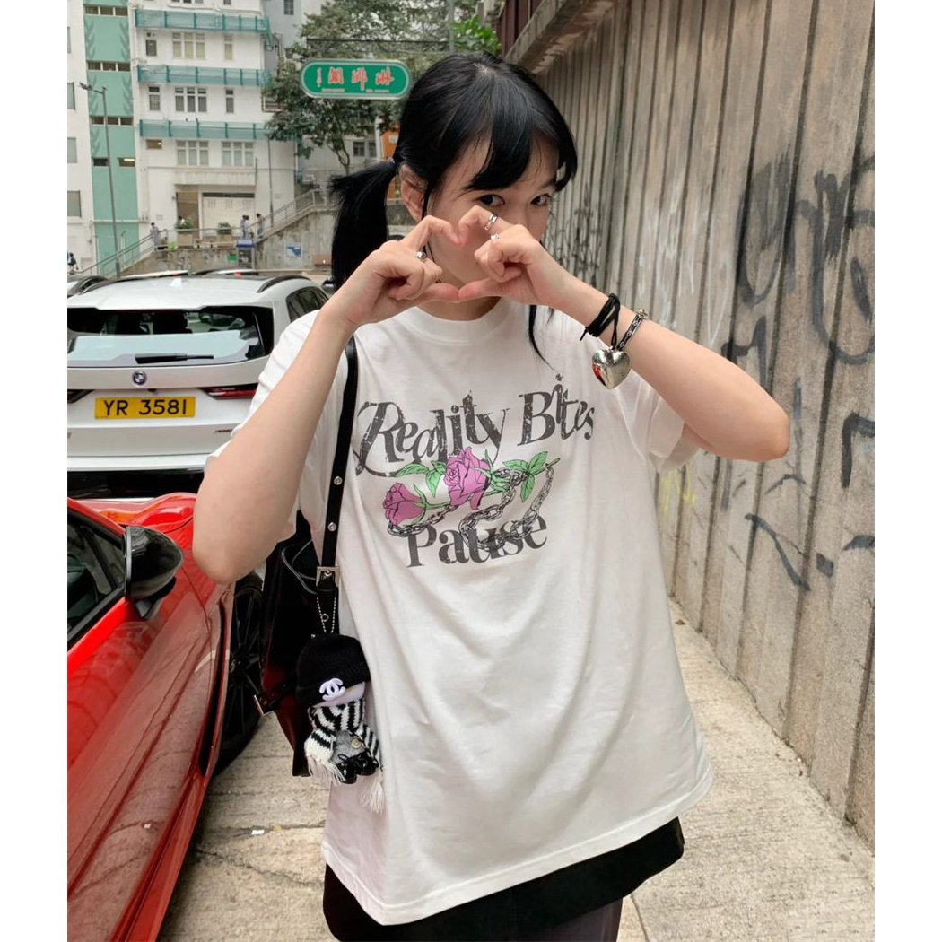 iu李知恩白鹿宋轶同款玫瑰链印花T恤韩国rai家夏短袖上衣女