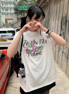 现货！iu李知恩白鹿宋轶同款玫瑰链印花T恤韩国rai家夏短袖上衣女