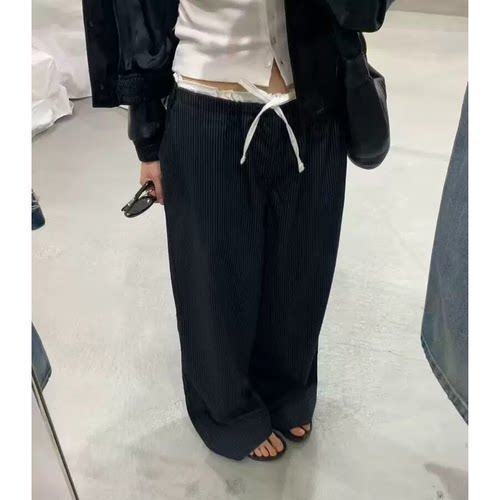 秒发！韩国设计师26春新款vegetable花边拼接腰头条纹休闲裤女