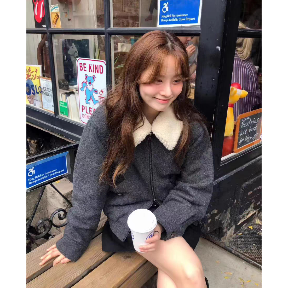 陆续！韩国OUNCE25冬季新款可拆卸毛领双头拉链羊毛呢夹克外套女
