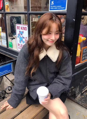 秒发！韩国OUNCE25冬季新款可拆卸毛领双头拉链羊毛呢夹克外套女