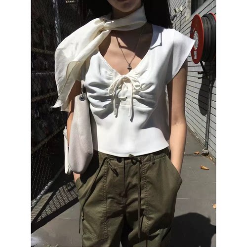 2026春季新款韩国东大门thebr*athe小飞袖褶皱v领短袖T恤上衣女