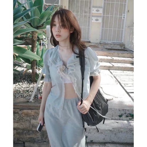 清冷感天花板韩系荷叶边V领衬衫+半身裙fletta雾蓝色蕾丝套装女