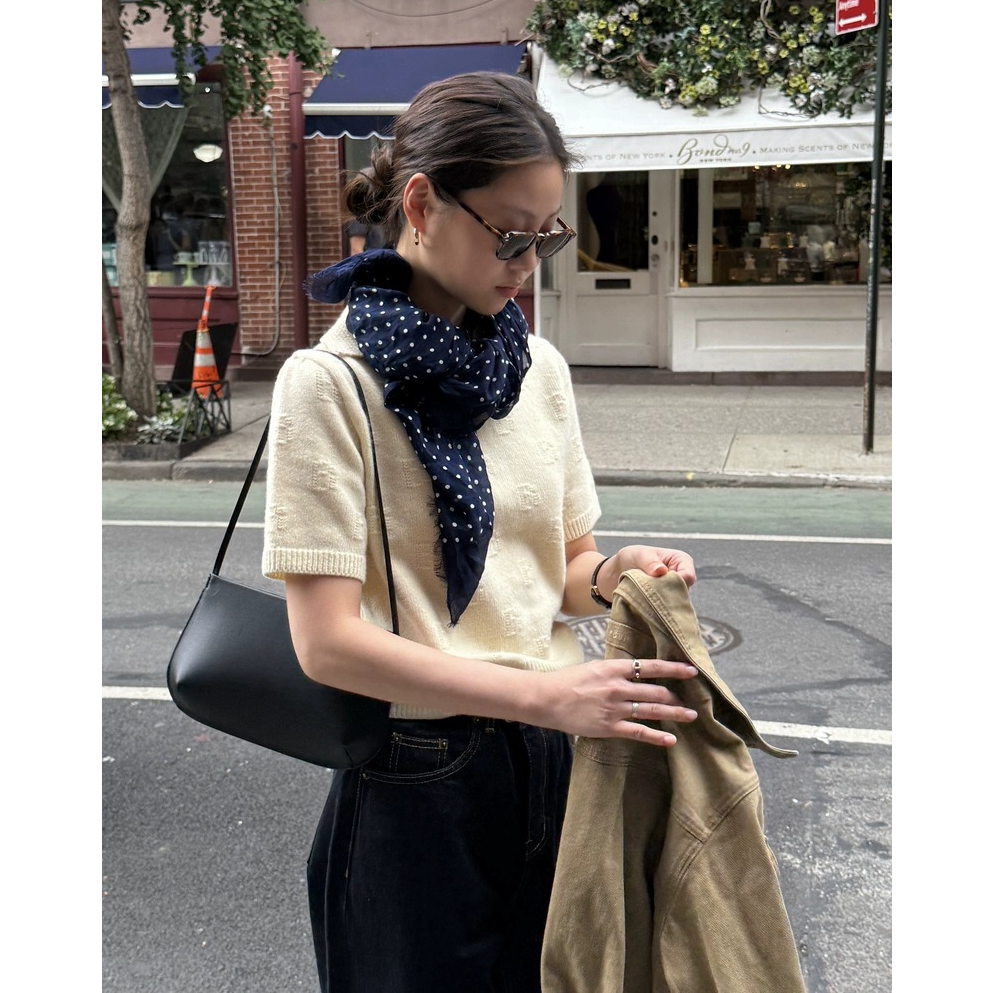 秒发！八奶家字母提花针织短袖25冬韩国theBar*net翻领打底上衣女