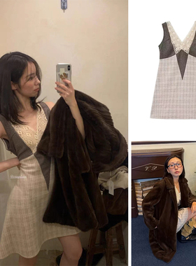 秒发！韩国设计师viaplain2025冬季新款V领拼接格纹蕾丝连衣裙女