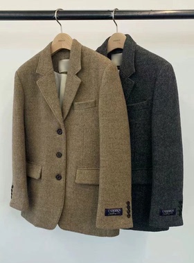 秒发！人字纹廓形西装外套2025冬韩国设计师und*rson羊毛呢大衣女