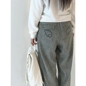 秒发 女 拼接抽绳休闲裤 韩国26冬ae e竖条纹翅膀刺绣宽松直筒长裤