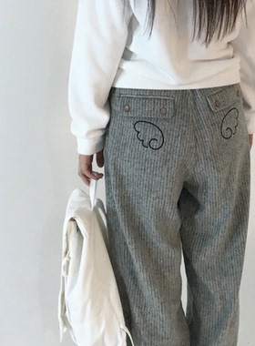 现货！韩国25冬ae*e竖条纹翅膀刺绣宽松直筒长裤拼接抽绳休闲裤女