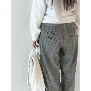 拼接抽绳休闲裤 e竖条纹翅膀刺绣宽松直筒长裤 女 韩国25冬ae 陆续