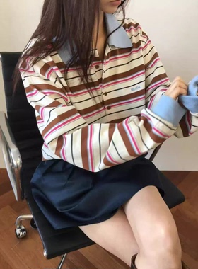 秒发！闭眼入条纹POLO衫韩国2026春breath宽松套头长袖T恤上衣女