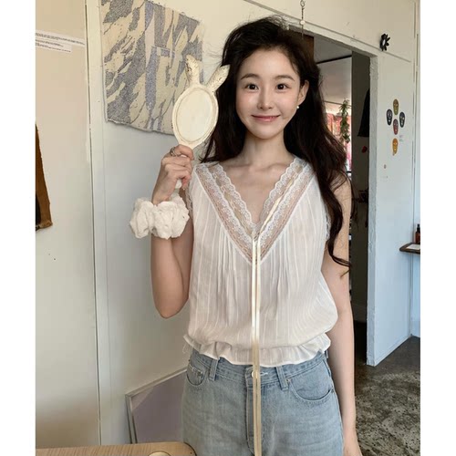 韩系纯欲风蕾丝V领系带无袖衬衫东大门26夏季新款甜美显瘦背心女